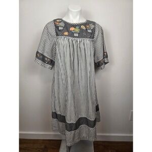 Bechamel Vintage Striped Embroidered Flower Pot Tunic Dress Size S